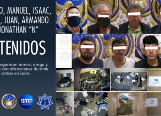 Policía estatal y municipal de León, detuvieron a ocho personas, con armas, drogas y vehículos con reporte de robo.