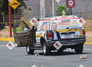 Después del ataque armado que sufrió el candidato Juan Guzmán en el Bulevar Ponciano Vega en el municipio de Moroleón