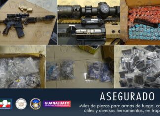 Asegura la FGE, el Ejército Mexicano, GN y la SSPE, un gran arsenal, miles de piezas para ensamblar armas de fuego, cartuchos útiles y herramientas durante un cateo en un inmueble de Irapuato.