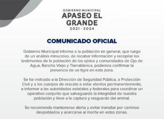 Reportan la presencia de un tigre en comunidades de Apaseo El Grande.