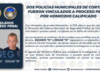 Dos policías municipales de Cortazar fueron vinculados a proceso penal por homicidio calificado.