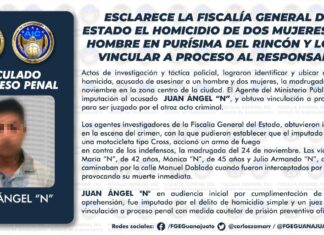 ESCLARECE LA FISCALÍA GENERAL DEL ESTADO EL HOMICIDIO DE DOS MUJERES Y UN HOMBRE EN PURÍSIMA DEL RINCÓN
