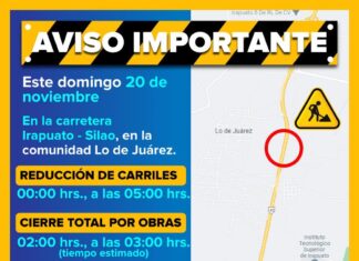 Coordinación Estatal de Protección Civil informa del cierre total de la carretera federal 45, en el tramo Irapuato Silao, de las 00:00 a las 05:00 horas.
