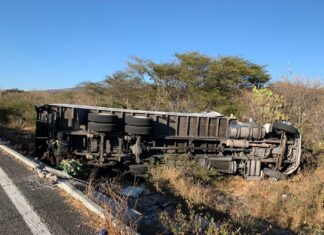 Volcadura de camión en la carretera Salvatierra- Yuriria, dejo cuantiosos daños materiales.