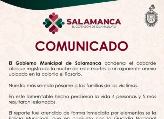 El Gobierno Municipal de Salamanca condena el cobarde ataque registrado la noche de este martes a un anexo ubicado en la colonia el Rosario.