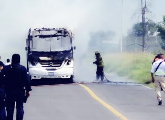 Sujetos armados atacan un autobus de transporte publico en Salamanca, posteriormente le prendieron fuego.